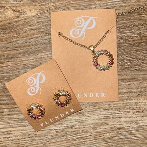 NWT Plunder Posse Box - Earrings & Necklace gold w/ pink white & brown gemstones